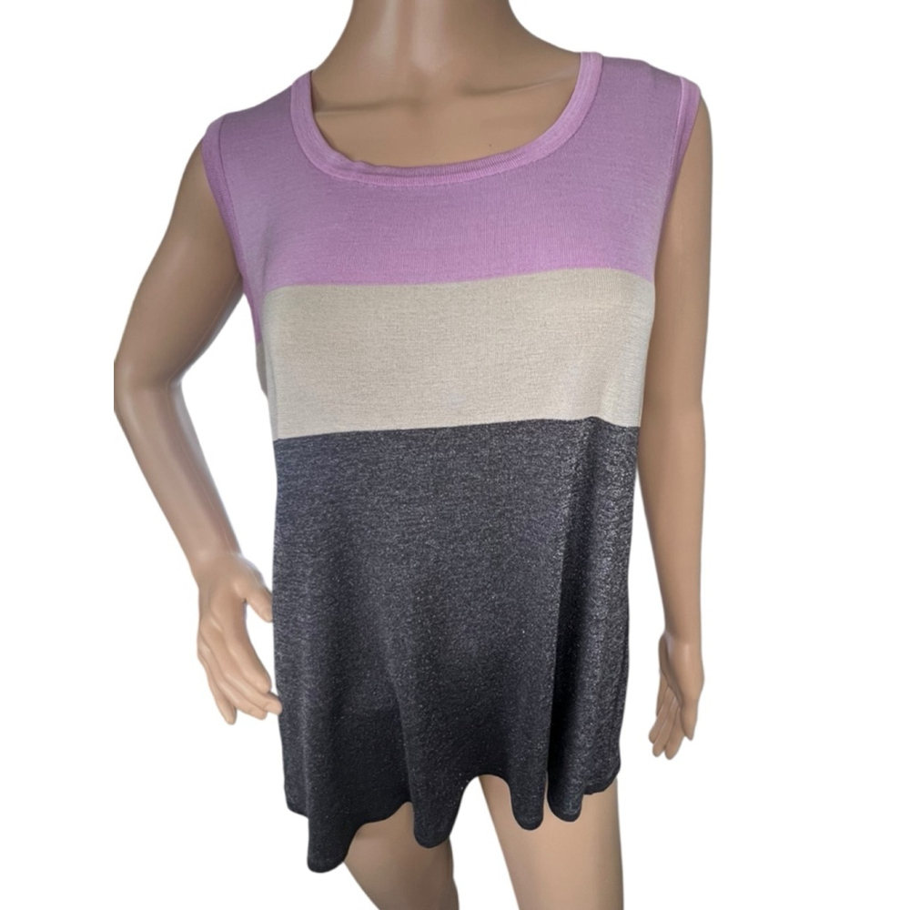 Misook Colorblock Striped Tank Top With Metallic Bottom Stripe